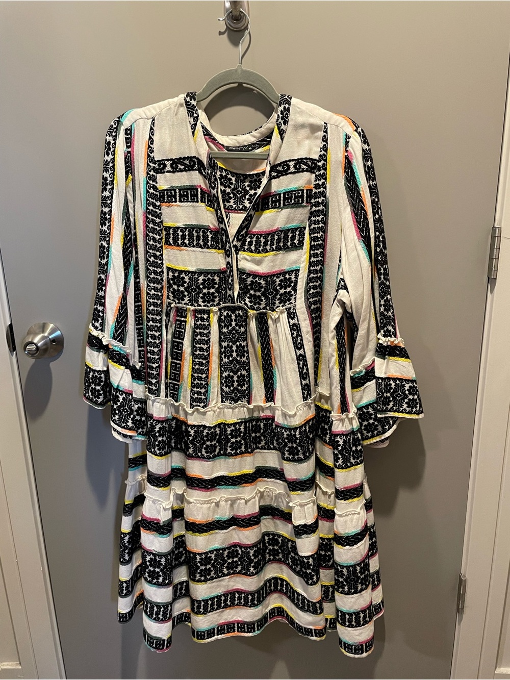 Boho Stripe Tiered Long Sleeve Dress - White with Black & Multicolor Accents